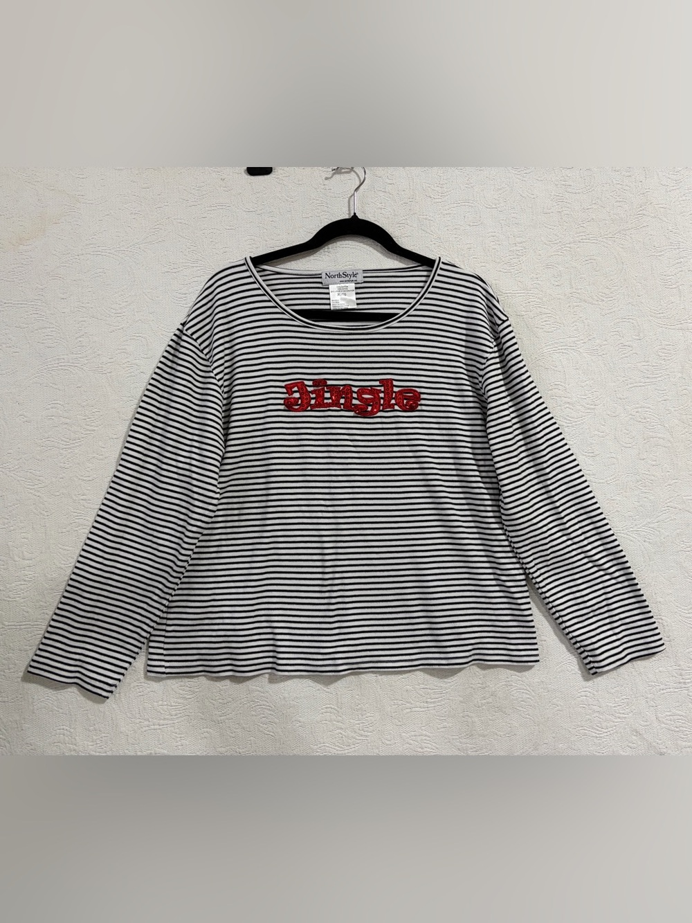 NorthStyle Black & White Striped Long Sleeve Top with Red 'Jingle' Embroidery